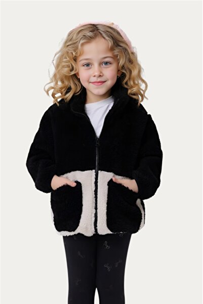 Outriverkids Devojčin Pliš crni ecru Sa džepovima zimski kaput sa patentnim z...