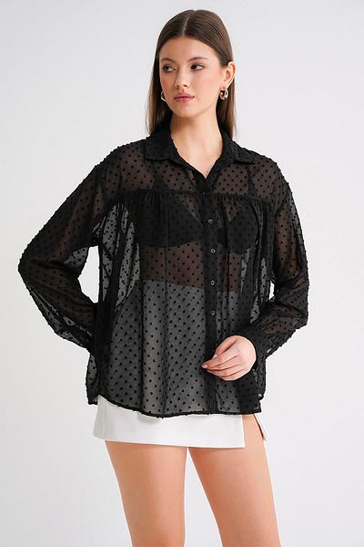 Mixray 4678 Women's Thin Patterned Robe Summer Transparent Shirt Black