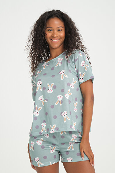 Rasabeauty Kısa Kollu Şort Kadın Pijama Takımı Örme Kumaş Pamuklu Tavşan Dese...