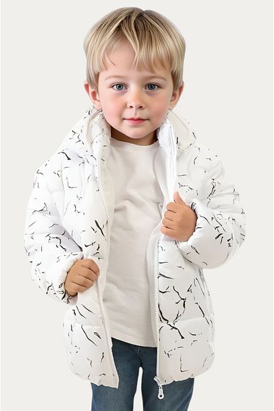 Outriverkids Jachetă de puf de iarnă pentru băieți - albă, glugă detașabilă, impermeabilă și rezistentă la vânt, cu buzunare