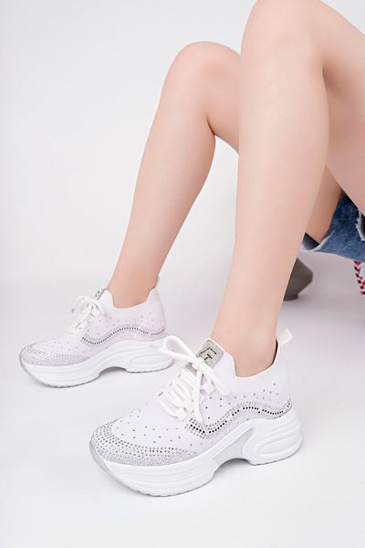 McDark Women's White Hidden Heel Stone Comfortable High Sole Knitwear Sneaker Shoes
