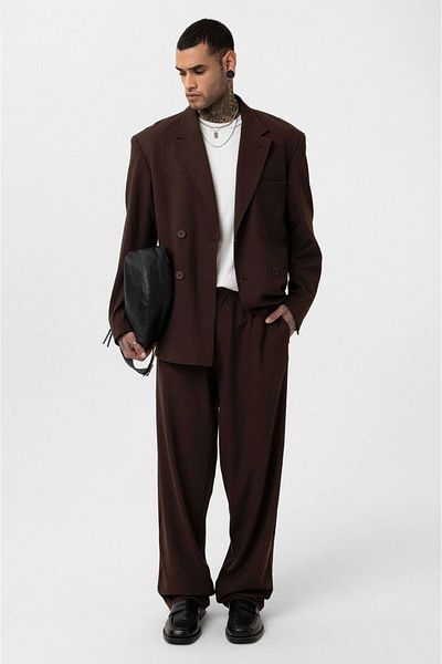 İLKCET MODA Кафяв костюм с двоен ред и голям размер