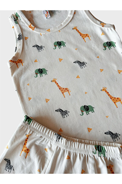 elmas kids Boy's Cotton White Giraffe Elephant Zebra Patterned Undershirt Boxer Set