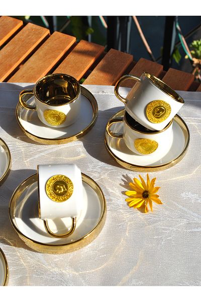 Qualitev 6 Kit 12 Pieces Gold Turkish Coffee Cup Set Porcelain Gilded