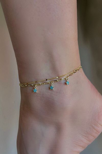 Bijou Luz Double Chain Anklet with Blue Stone Flower Figure