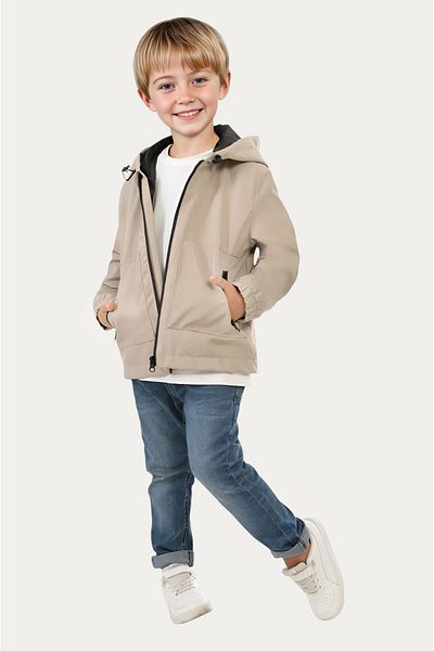 Outriverkids Boy's Stone Lined Water and Windproof Hooded Double Zipper Pocket Raincoat
