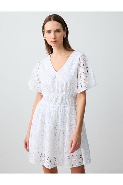 Jimmy Key White V-Neck Openwork Short Sleeve Cotton Mini Woven Dress