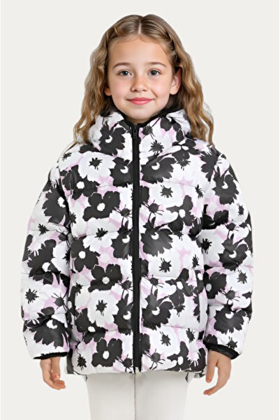 Outriverkids Κοριτσίστικο λευκό μωβ λουλούδι με μοτίβο φλις νερό και αντιανεμικό χειμωνιάτικο παλτό με κουκούλα