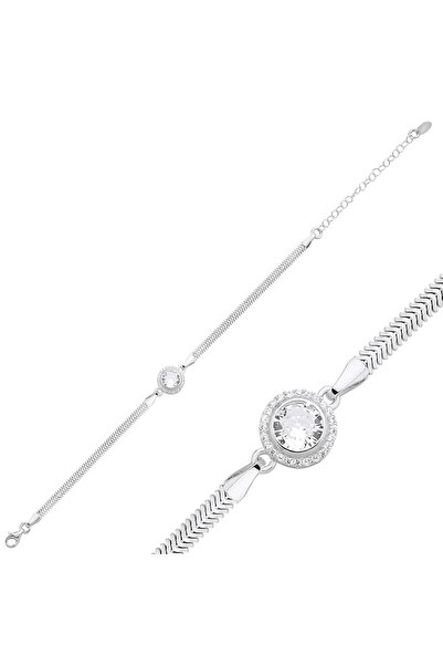 Janset S925 Ayar Halo Zirkon Taşlı Balık Sırtı Zincirli Gümüş Bileklik - İtal...