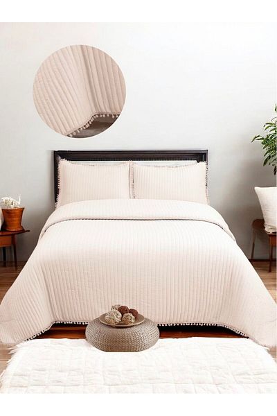 TEKSTİLDENİZİ Asya Ultrasonic Double Bedspread with Pompom Detail - Powder