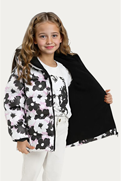 Outriverkids Κοριτσίστικο λευκό μωβ λουλούδι με μοτίβο φλις νερό και αντιανεμικό χειμωνιάτικο παλτό με κουκούλα