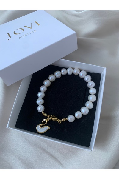 JOVİ ATELİER Sertifikalı Gerçek Doğal Beyaz İnci Kadın Bileklik | Kuğu Charm ...