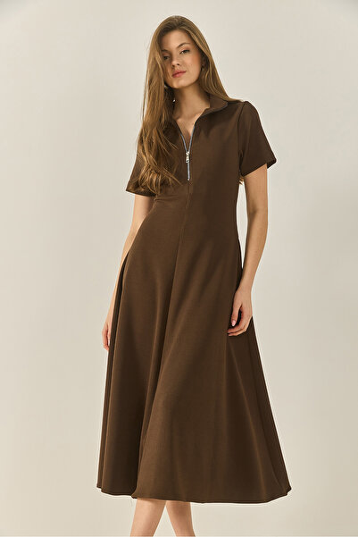 Bianco Lucci Γυναικείο κοντομάνικο φόρεμα καμπάνα με φερμουάρ μπροστά και μέση 5200 60281049