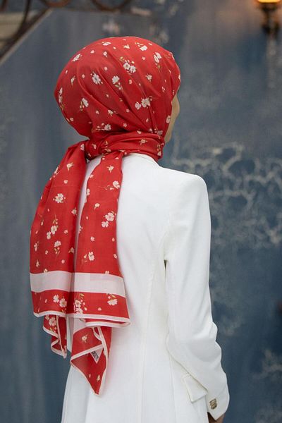 Vissona Silk Fresh Shawl 60343-0017 Red-Cream Flower Pattern