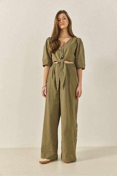 Bianco Lucci Women's Lacing Detailed Blouse Lined Leg Buttoned Trousers Linen Top and Bottom Set 9266 60281046