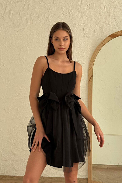 Lady Beezy Boutıque Siyah Kadın Fiyonk Detaylı Askılı Tül Mini Elbise Mezuniy...