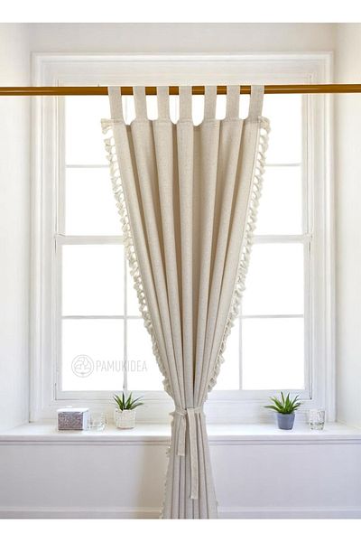 pamukidea Biritli Cream Pompom - Tasseled 100% Cotton Buldan Linen Rustic Curtain - Single Wing - (En X Size)
