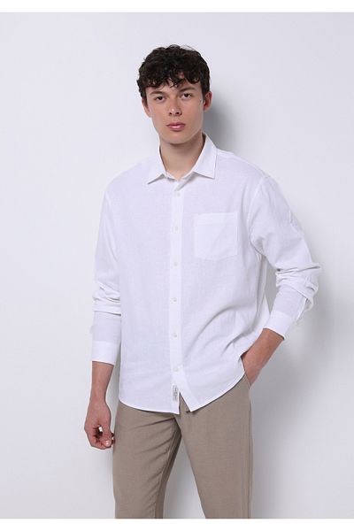 Colin's Relaxed Fit Shirt Neck Plain Men's Linen Blended White Long Sleeve Shirt