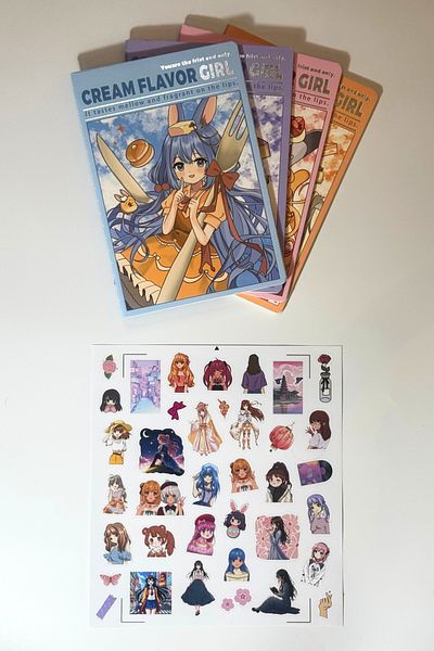 caps office Anime Girl Themed 4 Piece Notebook Set & 1 Sheet Shiny Sticker Set