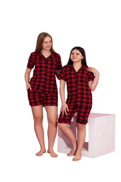 Tarık Set de pijamale cu model în carouri, cu guler de cămașă din țesătură Milan, cu nasturi, cu pantaloni scurți