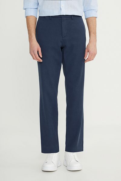ALTINYILDIZ CLASSICS Men's Navy Blue Cotton Comfot Fit Relaxed Cut Dobby Casual Stretchy Trousers with Side Pockets