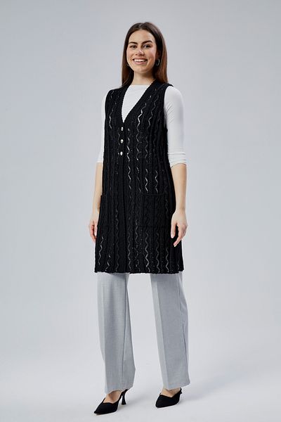 fabriqha Women's Standard V-Neck Zigzag Patterned Long Pocket Mother Vest