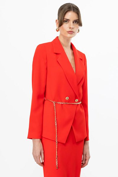 Ekol Women's Double Breasted Jacket with Waist Chain Belt 4214 Coral
