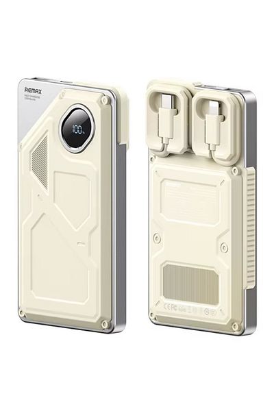 REDz Accessories Remax FCP-12 Battery, 10,000mAh Powerbank, Integrated Cables, USB and Type-C Port, LED, Cream