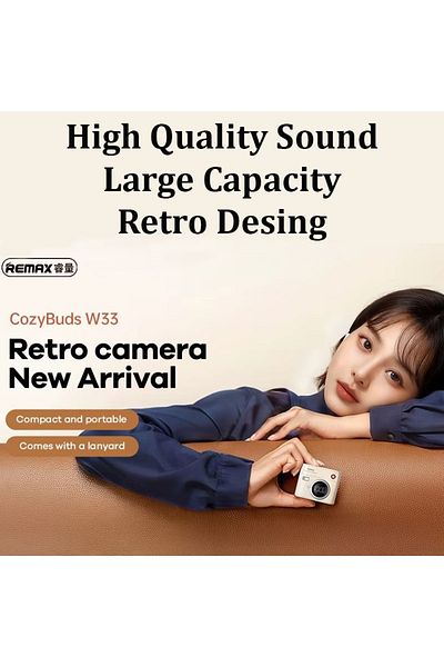 REDz Accessories Căști Bluetooth Remax W33 Cozybuds, 360 mAh, aspect retro cu cameră, sunet stereo 360°, culoare crem