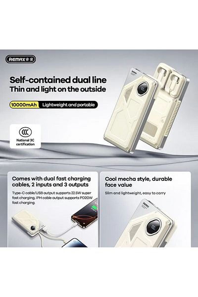 REDz Accessories Remax FCP-12 Battery, 10,000mAh Powerbank, Integrated Cables, USB and Type-C Port, LED, Cream
