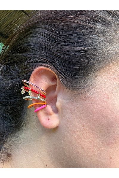 Gümüş sandık Brand Model Steel Earcuff with Pink Hanging Stone, No Hole Required
