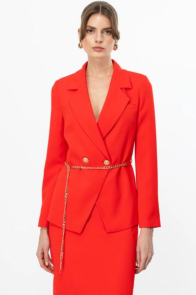 Ekol Women's Double Breasted Jacket with Waist Chain Belt 4214 Coral