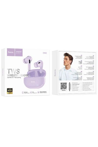 REDz Accessories Hoco EW60 Earphones, Bluetooth V5.3, 300mAh, Siri Function, Lilac