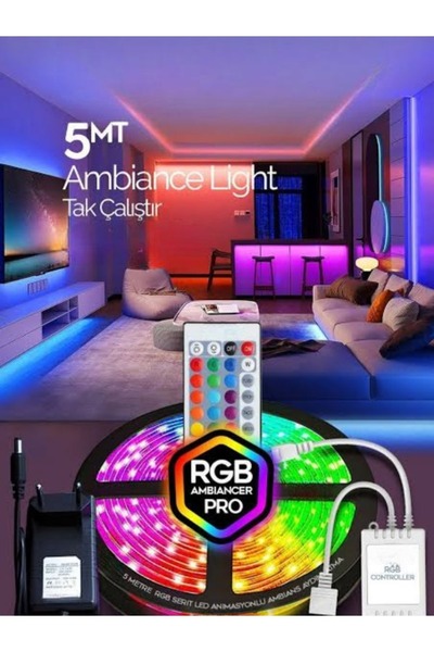 Genel Markalar Şerit LED 5 MT animasyonlu tak çalıştır kumandalı trafolu RGB seritisik aydınlatma partisi TV arkasi