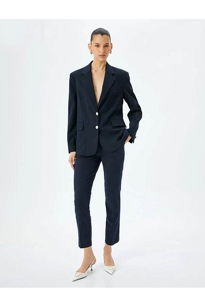 Koton Women's High Waist Cigarette Navy Blue Fabric Pants with Pockets 5Sak40039Uw
