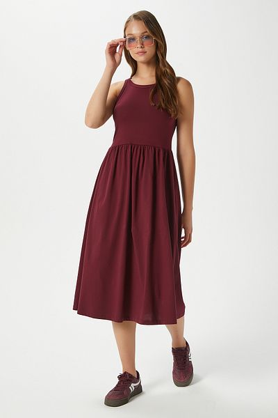 Ritnice Rochie de damă Della Flared Burgundy din bumbac pieptănat