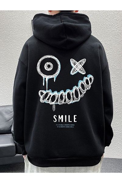 Pisa Art Unisex Μαύρο Smile εμπριμέ φούτερ Oversize