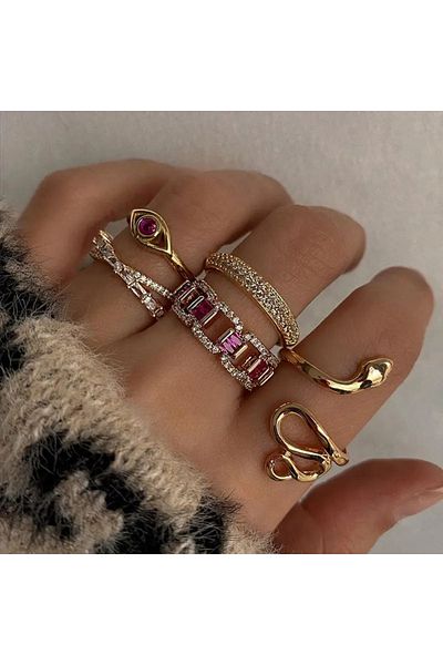 Takıtolia Solea - 5 Pieces Shiny Pink Stone Snake Figured Design Retro Stylish Multiple Gold Gold Ring Set