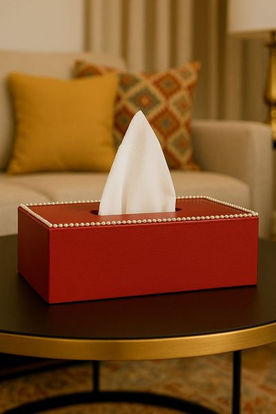 Fun Life Handmade Wooden Handkerchief Box with Pearl Bead Detail - Red