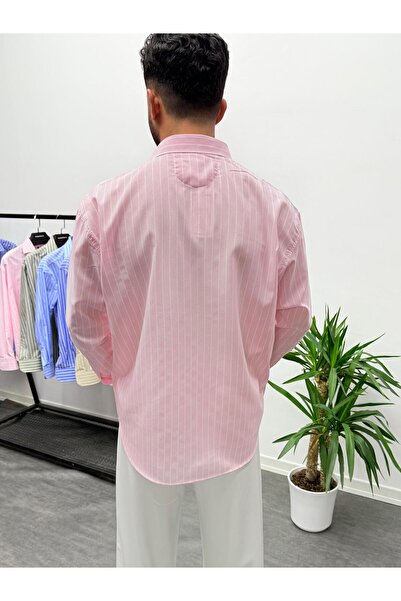 MENOFOURSWEAR Pembe Çizgi Detaylı Keten Oversize Gömlek