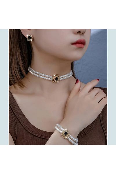 Monarque Luxurious Elegant Double Rows Pearls Necklace,Bracelet and Earrings Set Jade Stone Accents, Acrylic, Daily Wear
