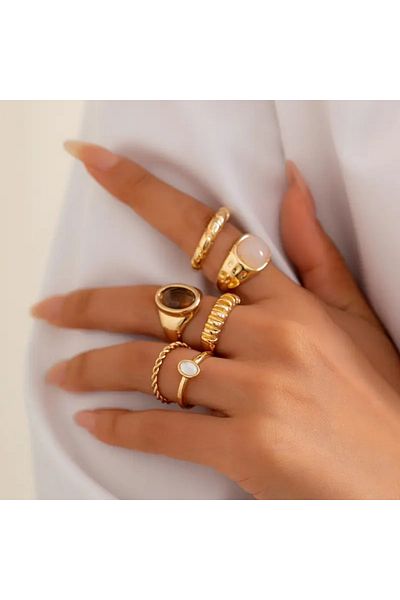 Takıtolia Sylvia - 6 Pieces Colorful Stone Gold Gold Colored Stylish Design Bohemian Vintage Multiple Ring Set