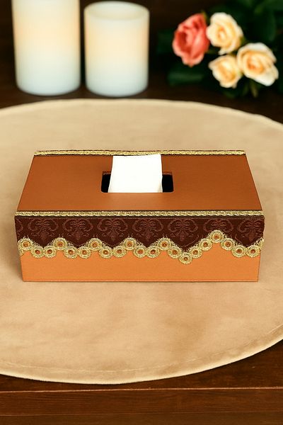 Fun Life Handmade Wooden Handkerchief Box with Lace Detail - Bronze