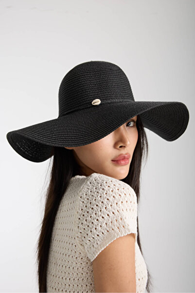 Moda Days Pălărie de plajă neagră din paie cu detaliu de scoici de mare și pa...