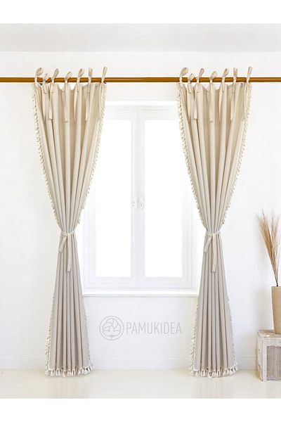 pamukidea Κρεμ κορδόνι με πομπόν - Φούντες 100% βαμβακερό λινό ρουστίκ κουρτίνα - Μονό φτερό - (Εύρος X Μέγεθος)