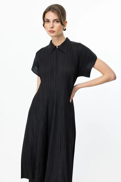 Ekol Accordion Fabric Polo Collar Dress Black-5918