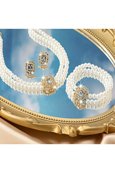 Monarque Luxurious Elegant Double Rows Pearls Necklace,Bracelet and Earrings Set Jade Stone Accents, Acrylic, Daily Wear