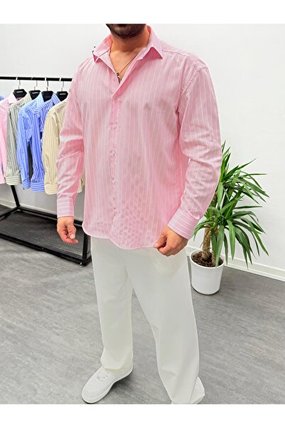 MENOFOURSWEAR Pembe Çizgi Detaylı Keten Oversize Gömlek