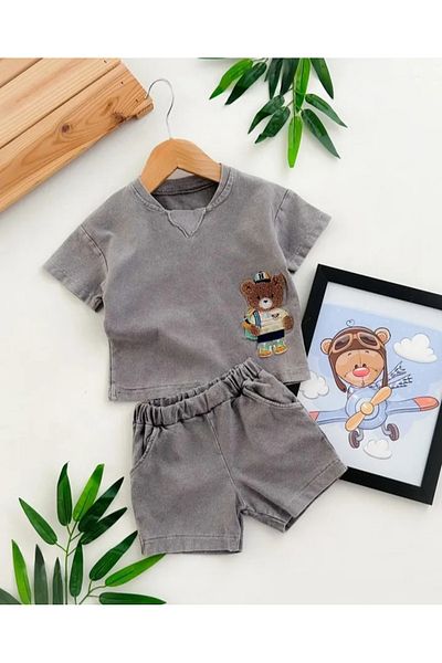 caliskanonline Bear Detailed Summer Baby Boy 2-Piece Baby Set