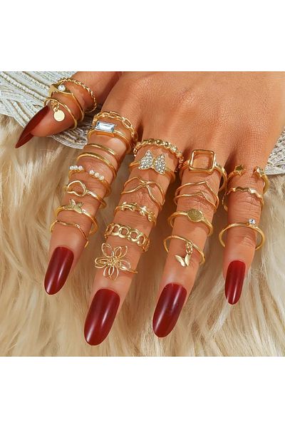 Takıtolia Zephyr - 25 Pieces Gold Color Pearl Flower Figured Stylish Design Vintage Multiple Elegant Gold Ring Set